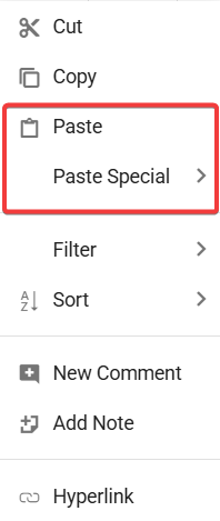 Paste data via context menu