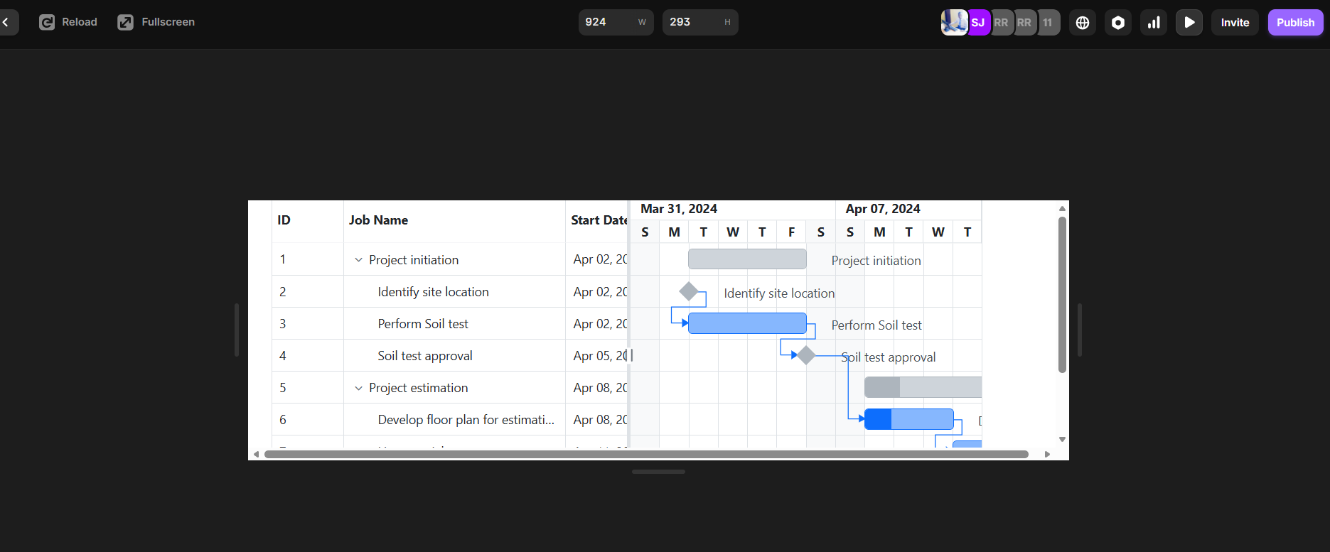 Previewing the React Gantt Chart project in Framer