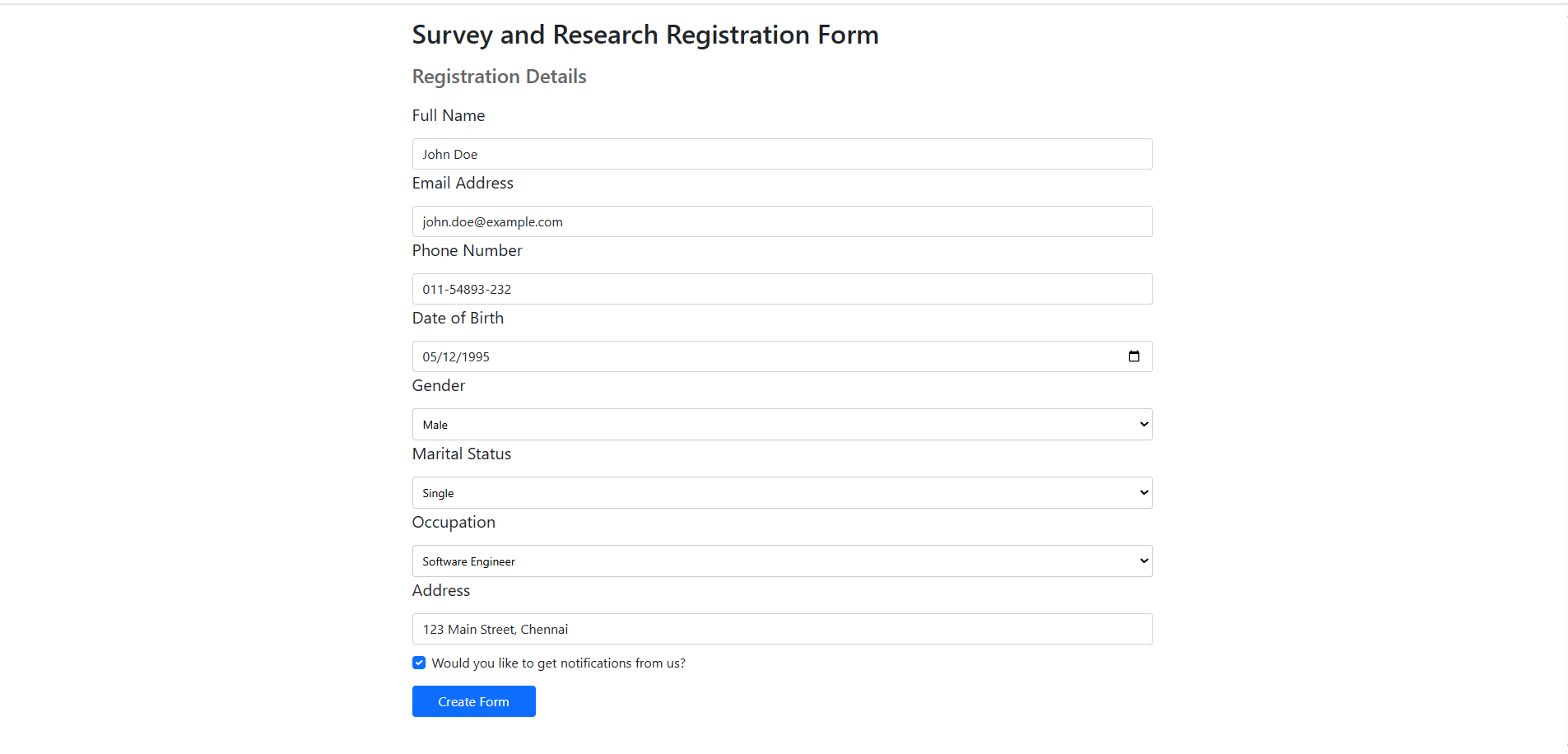 Registration form filled with default values