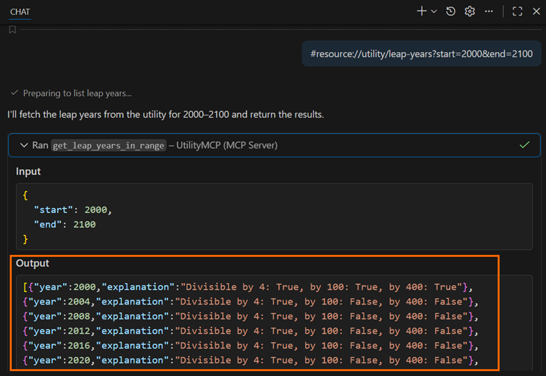 Structured output in the chat window (year and explanation)