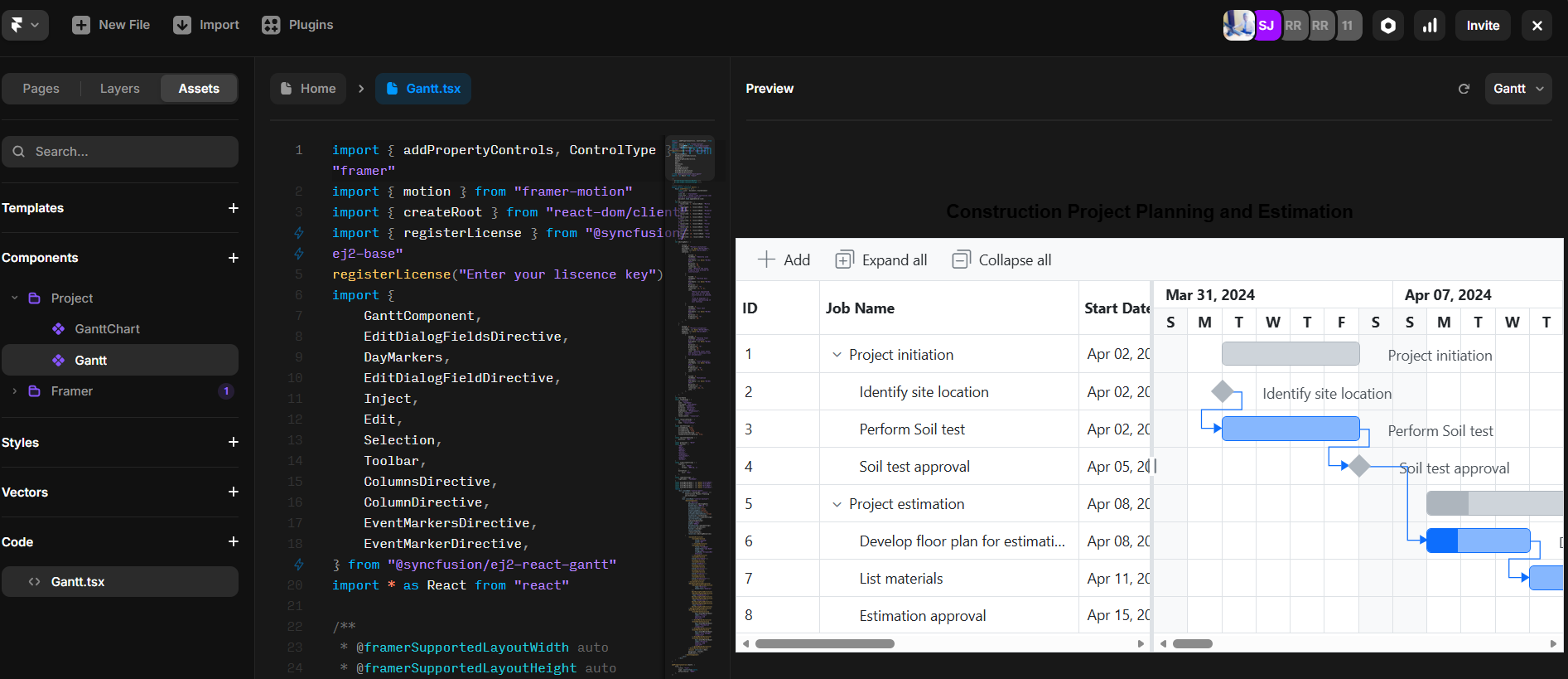 Syncfusion Gantt Chart in Framer project