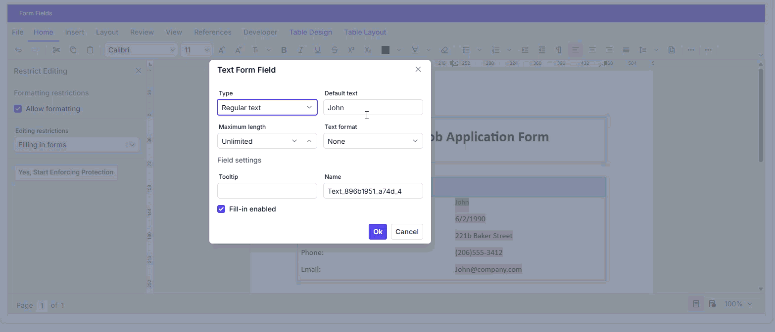Updating form fields via the built-in toolbar in DOCX Editor