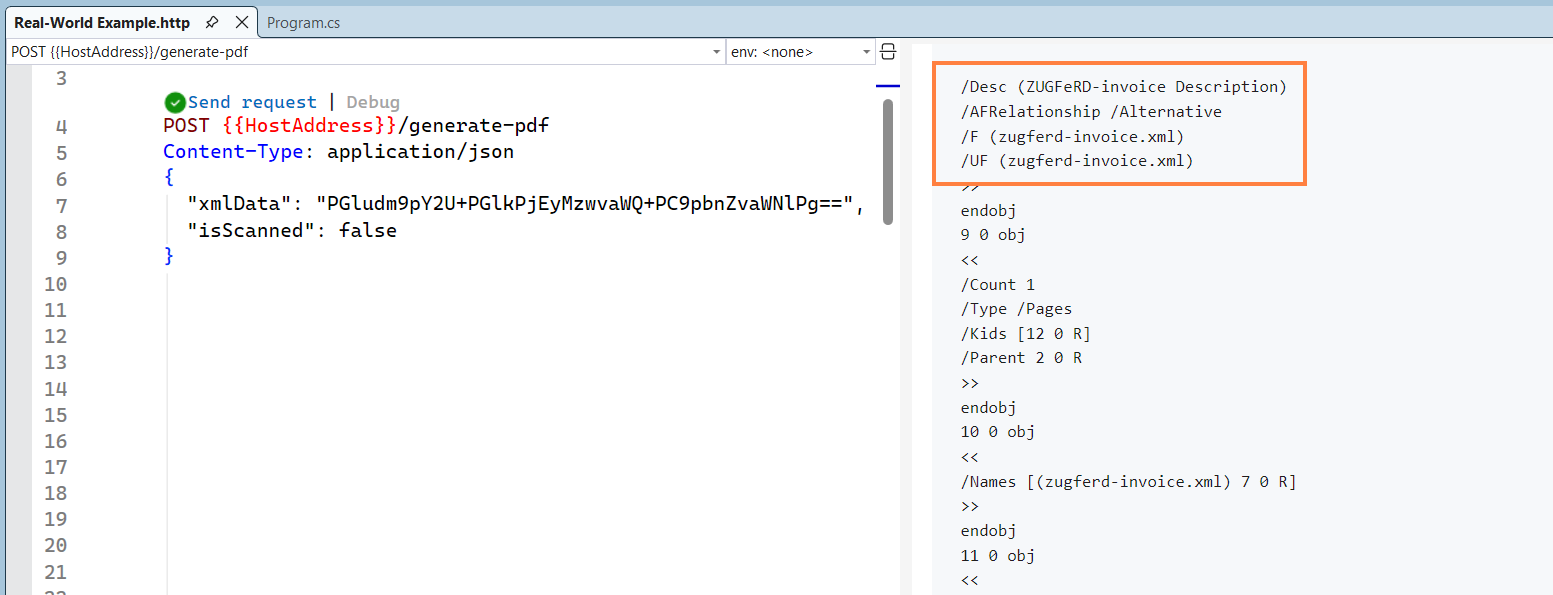Screenshot of a successful ZUGFeRD PDF generation using Syncfusion PDF library.