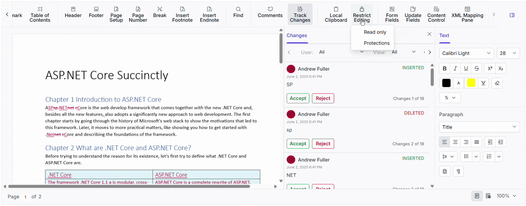 Enabling track changes protection using the restrict editing option in the toolbar