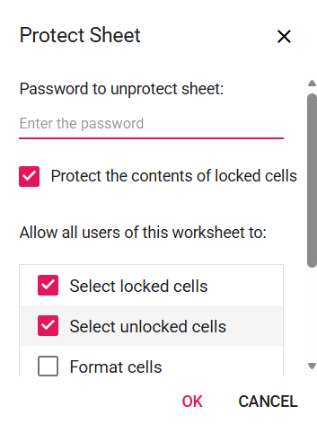 Choose user actions from the Protect Sheet dialog