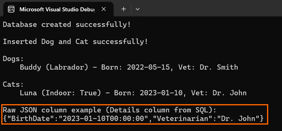 Details column from Animals table as JSON value