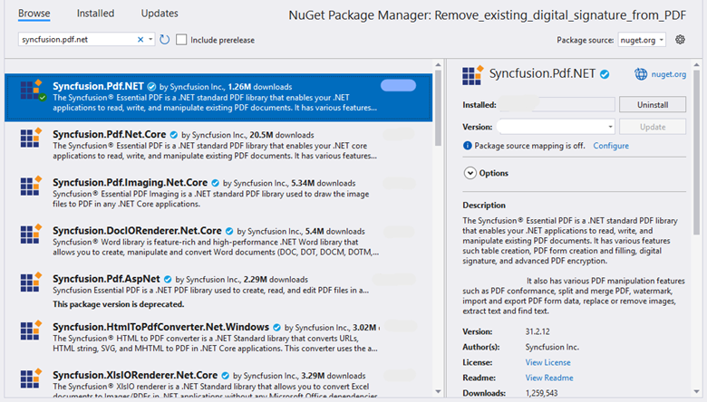 Installing Syncfusion PDF Library via NuGet in Visual Studio