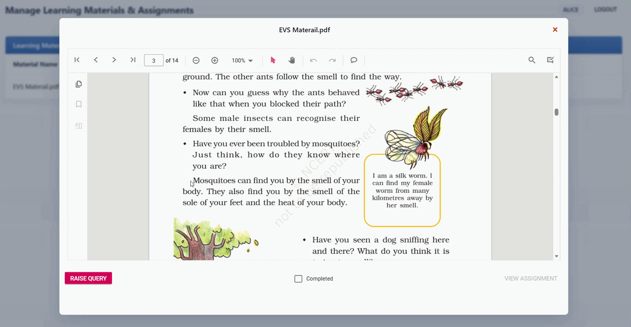 Learner–staff in-document query workflow
