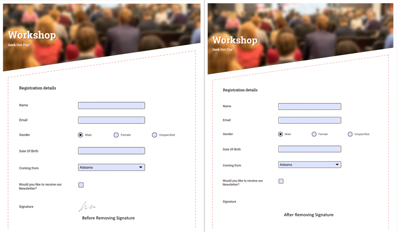 PDF form before and after removing a digital signature