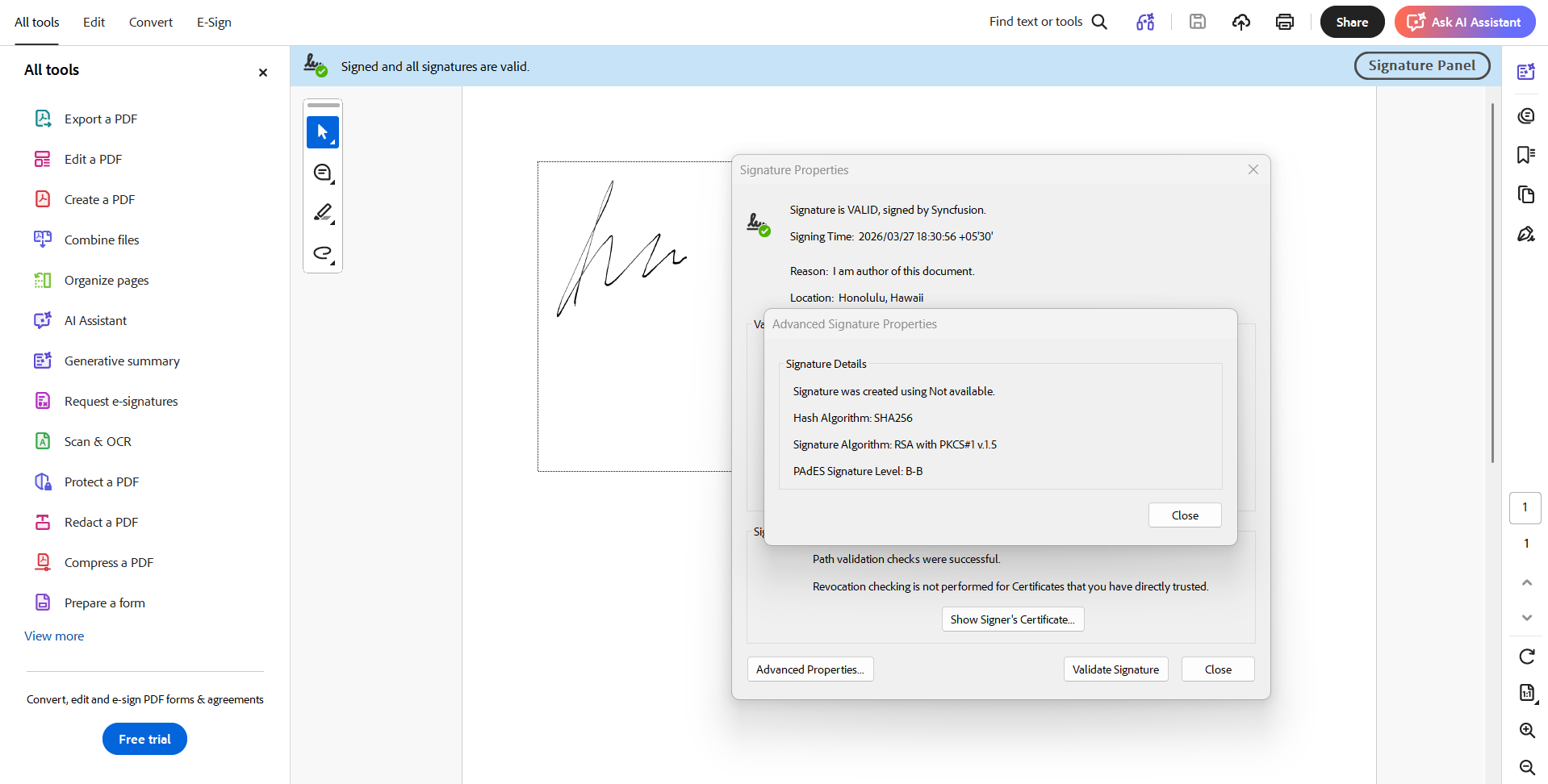 PDF showing signature type options