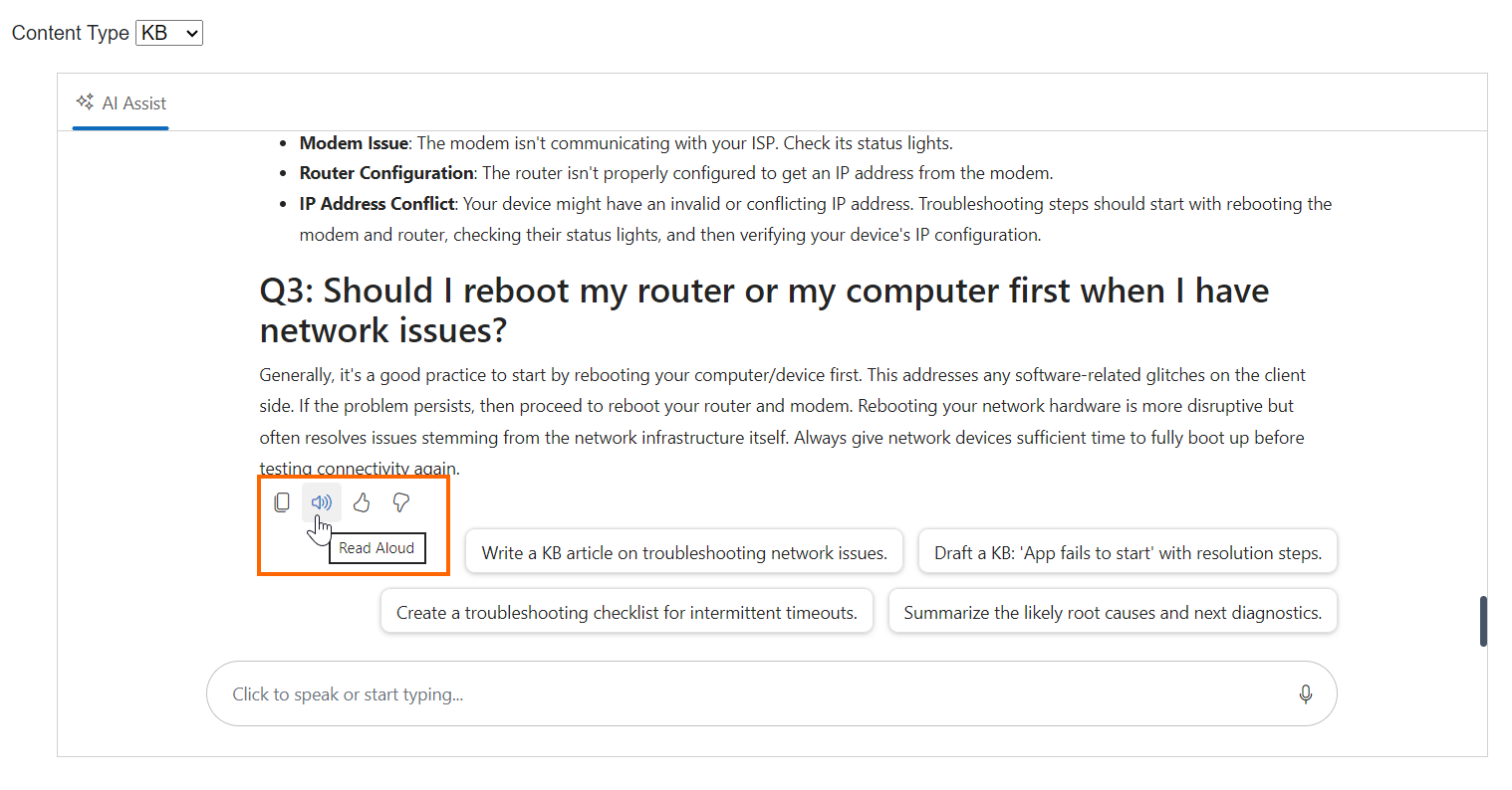 Read aloud option in the AI AssistView component