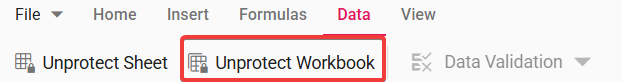 Unprotect the workbook via Data tab