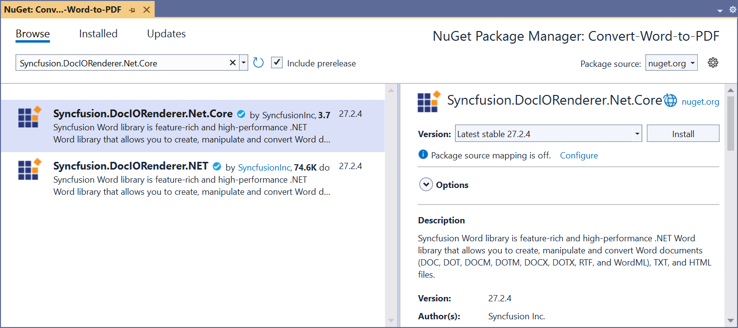 Installing the Syncfusion  DocIO NuGet package