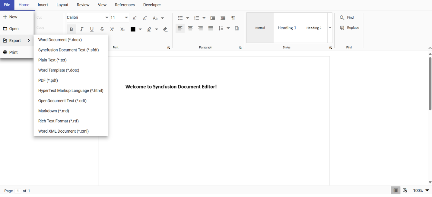 Advanced export options in React DOCX Editor