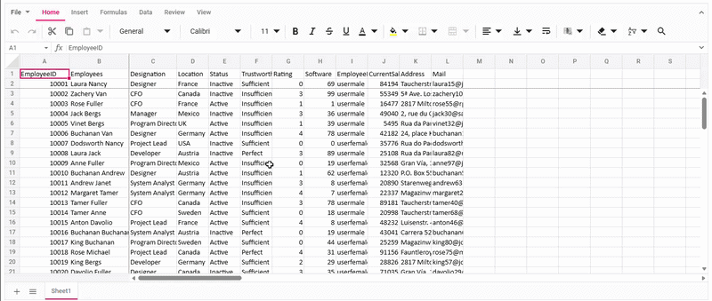 Angular Spreadsheet demonstrating freeze panes with locked headers