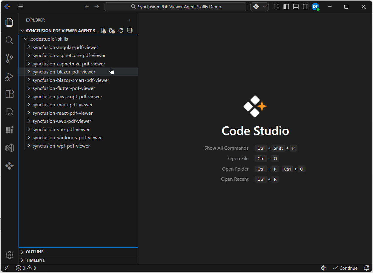 Code Studio workspace with Syncfusion PDF Viewer SDK skills