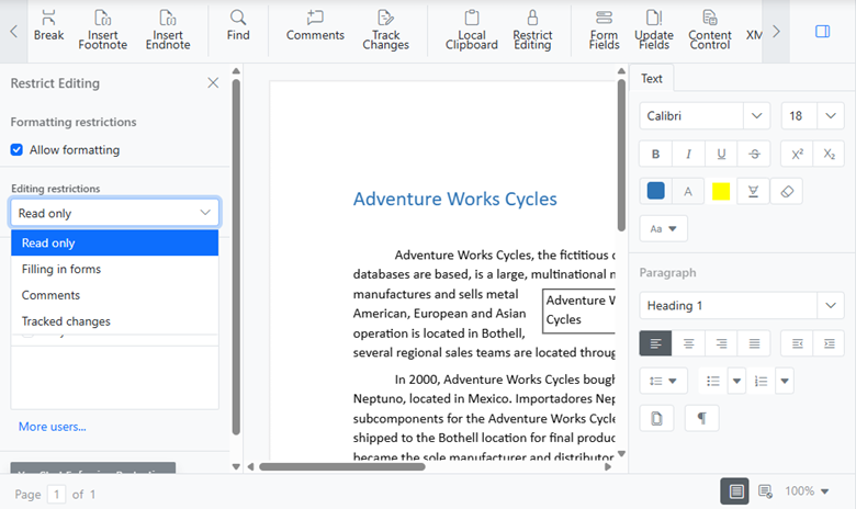 Editing restriction in Syncfusion JavaScript DOCX Editor