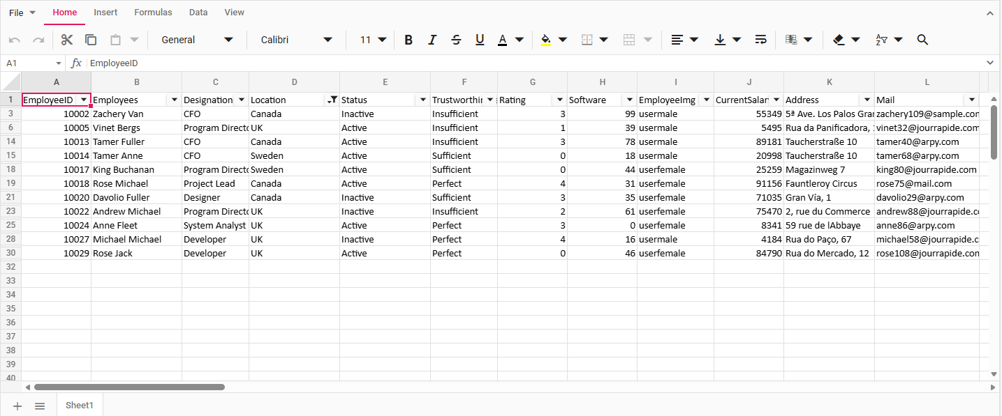 Filtered data in an Angular Spreadsheet