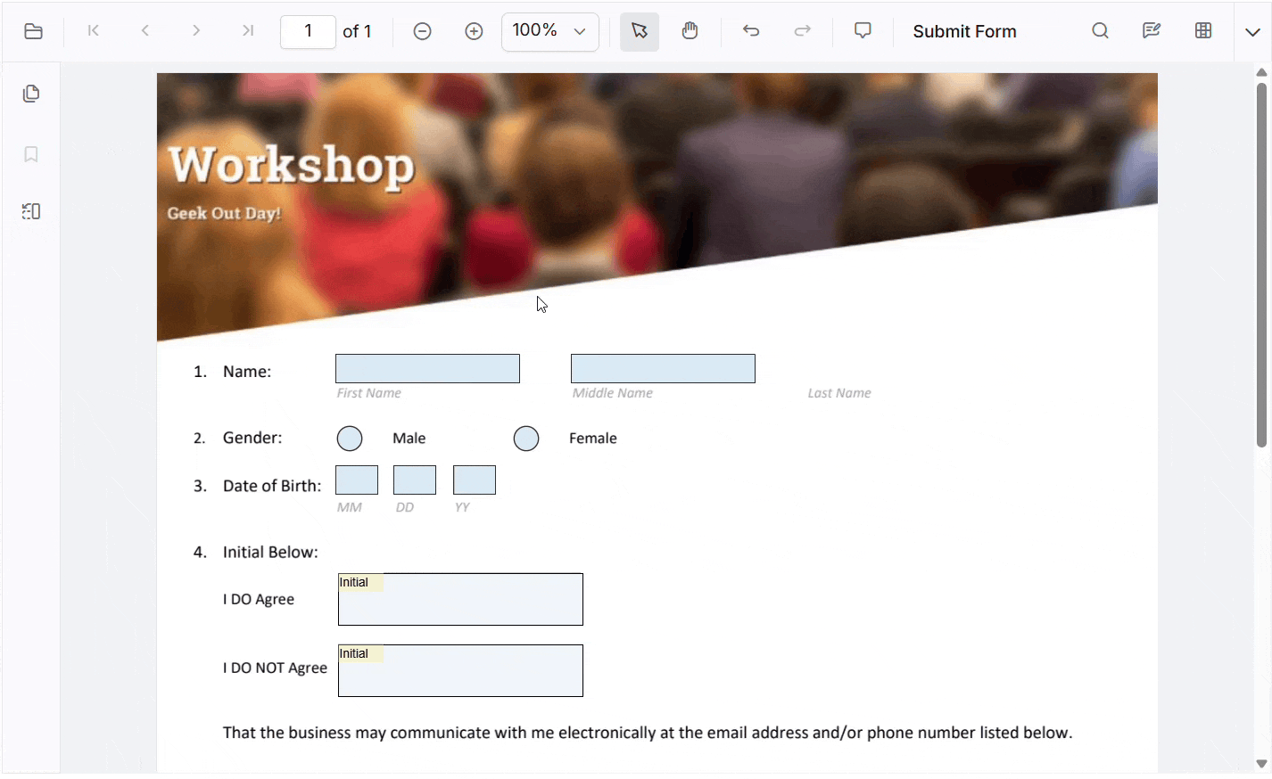 Interacting with form fields in a PDF using the built-in toolbar in the JavaScript PDF Viewer