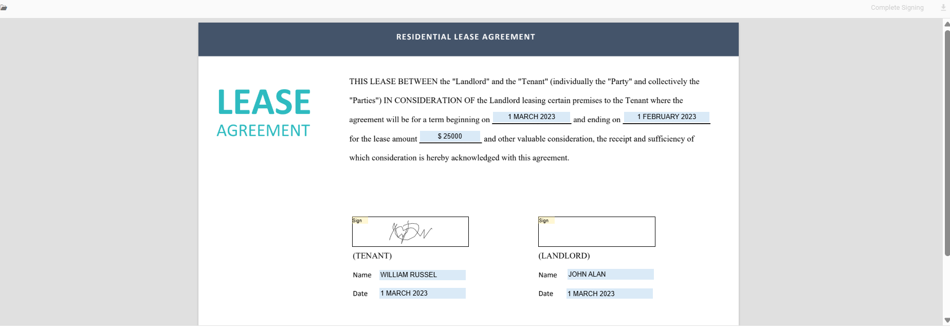 Signing an agreement using JavaScript PDF Viewer