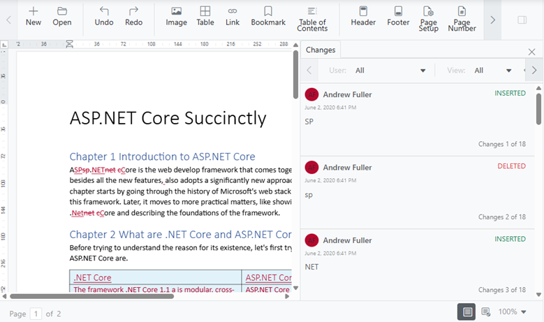 Track changes in JavaScript DOCX Editor