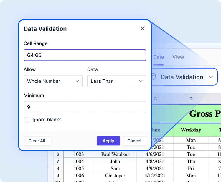 Applying data validation in React Spreadsheet