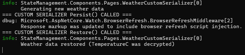 Console showing the custom serializer calls
