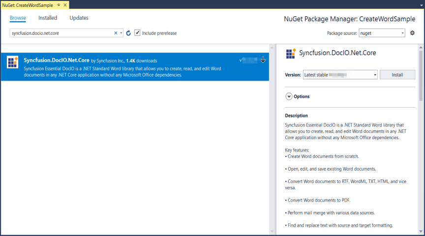 Install the Syncfusion.DocIO.Net.Core NuGet package