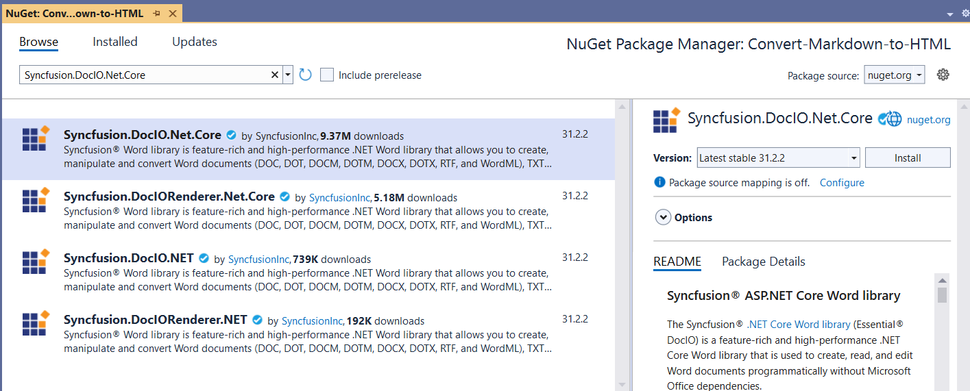 Install the Syncfusion.DocIO.Net.Core NuGet package