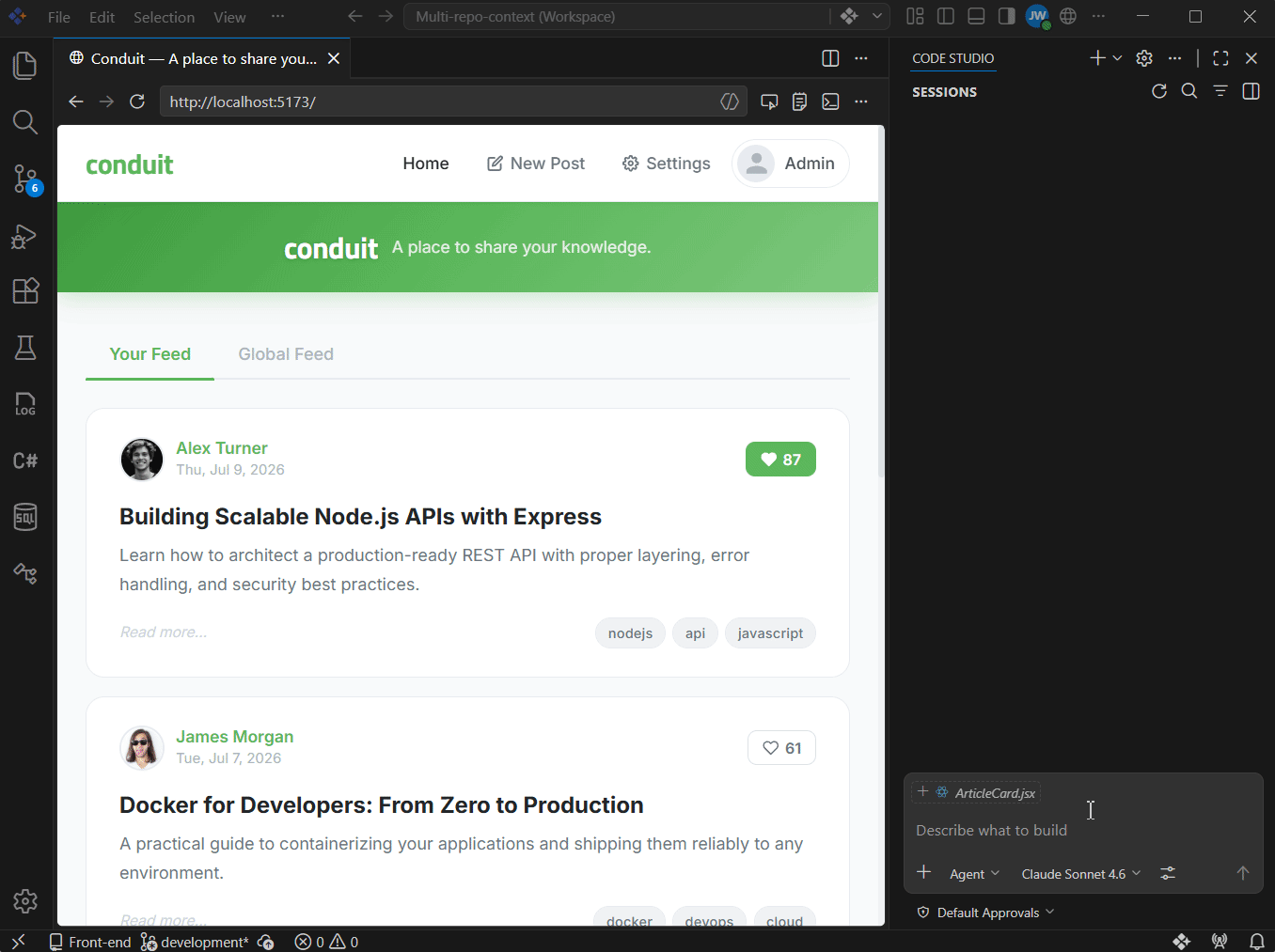 Building a bookmark feature with AI assistance in Code Studio