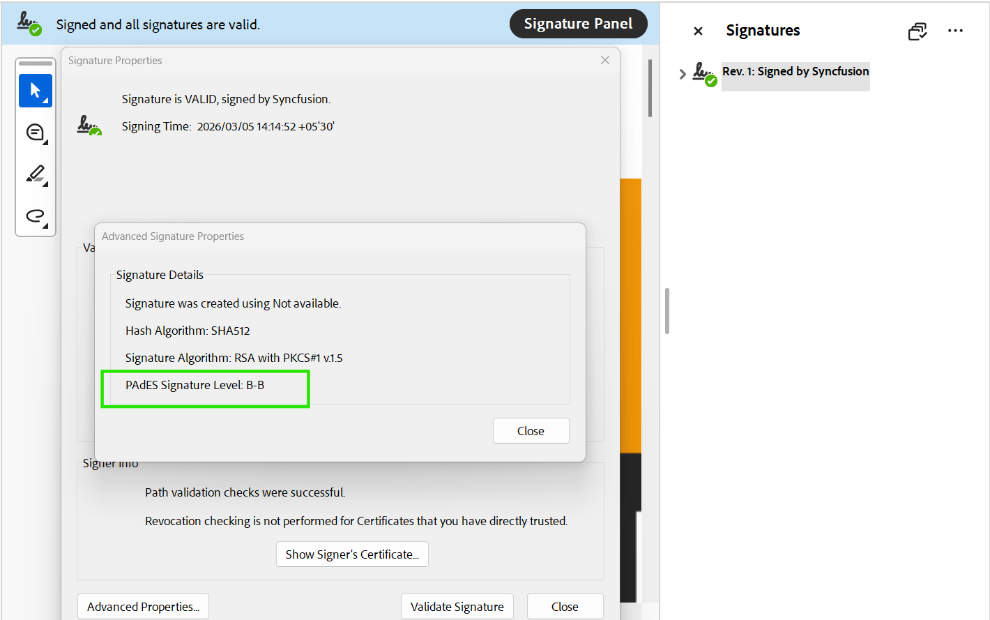 PAdES B-B signature in a PDF document