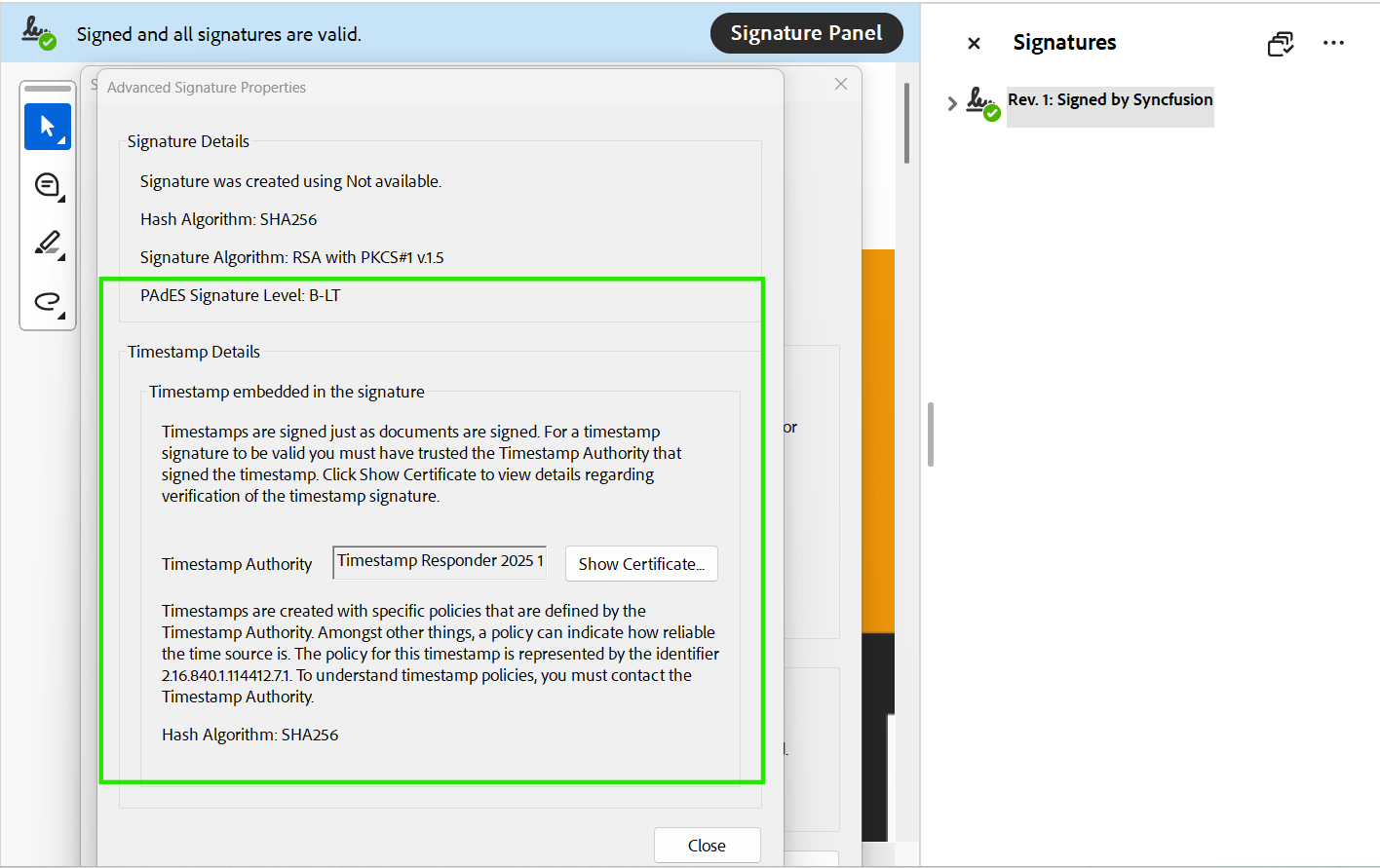 PAdES B-LT signature in a PDF document