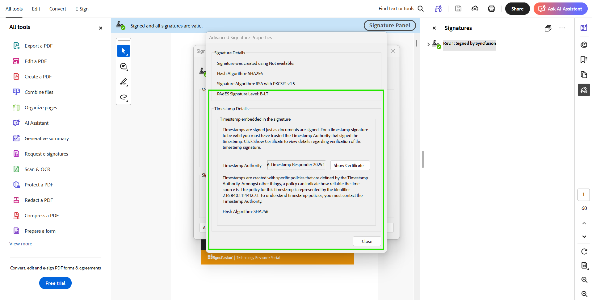 PAdES B-LT signature in a PDF document