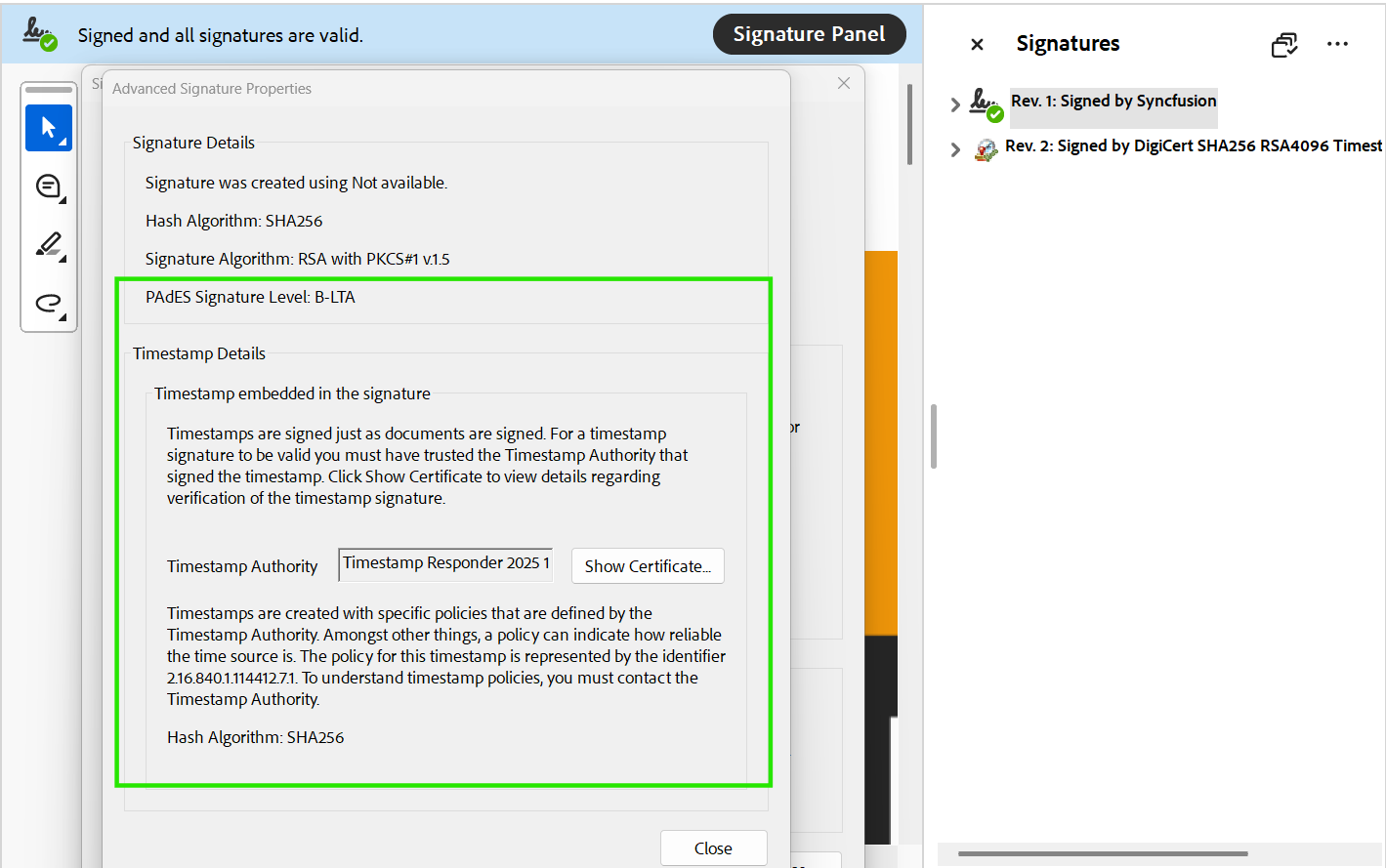 PAdES B-LTA signature in a PDF document