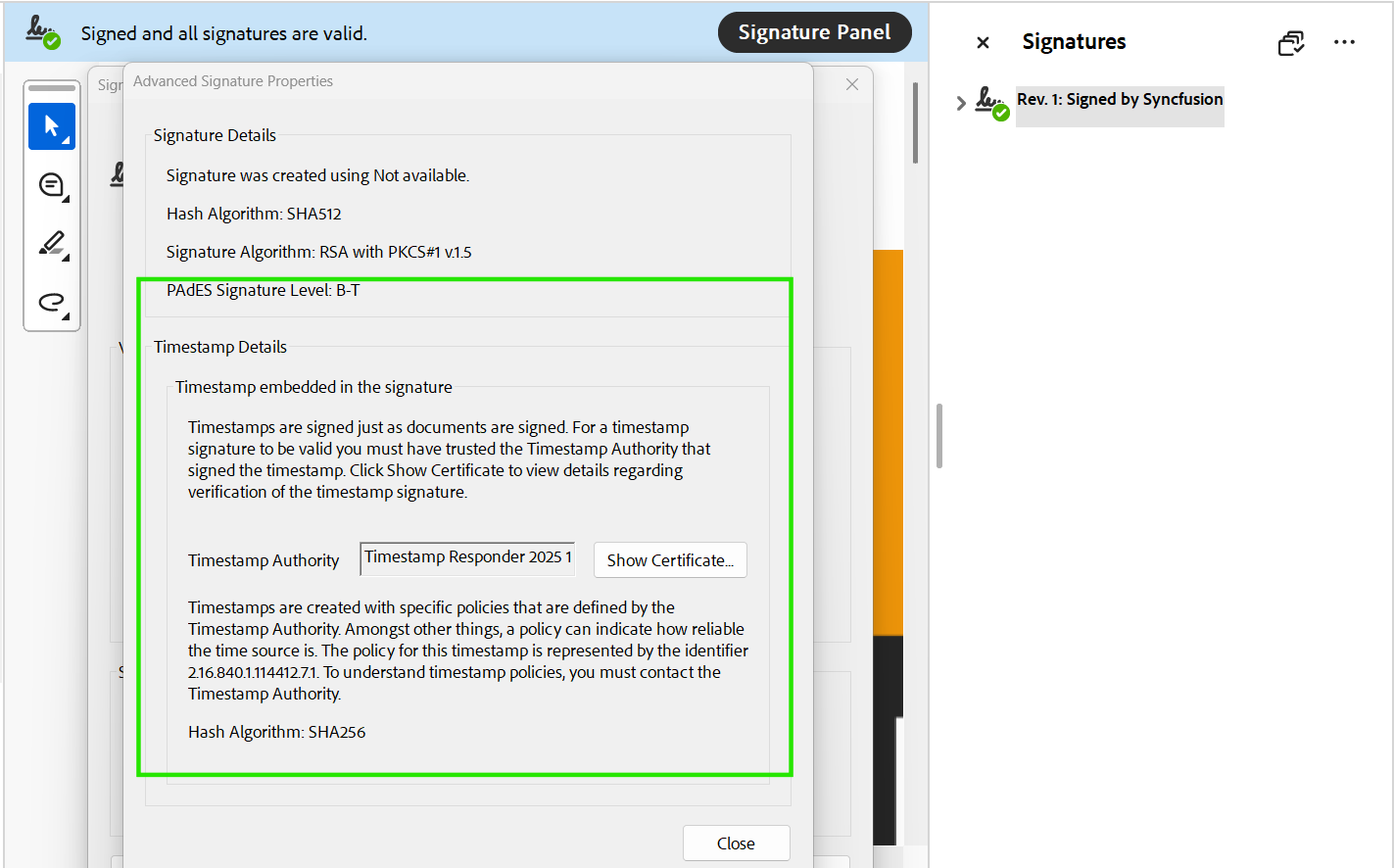 PAdES B-T signature in a PDF document