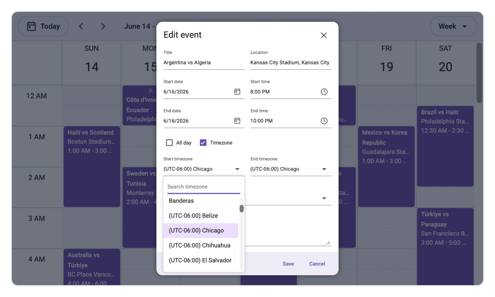 Pure React Scheduler displaying different time zone options
