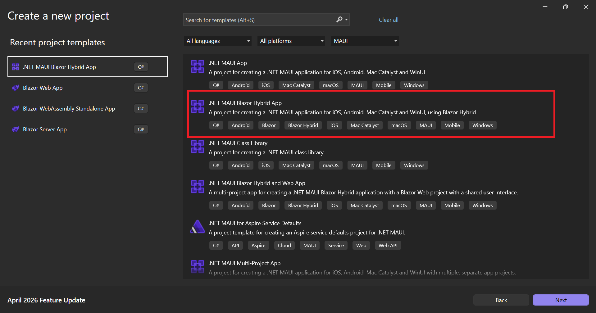Choose the .NET MAUI Blazor Hybrid App template