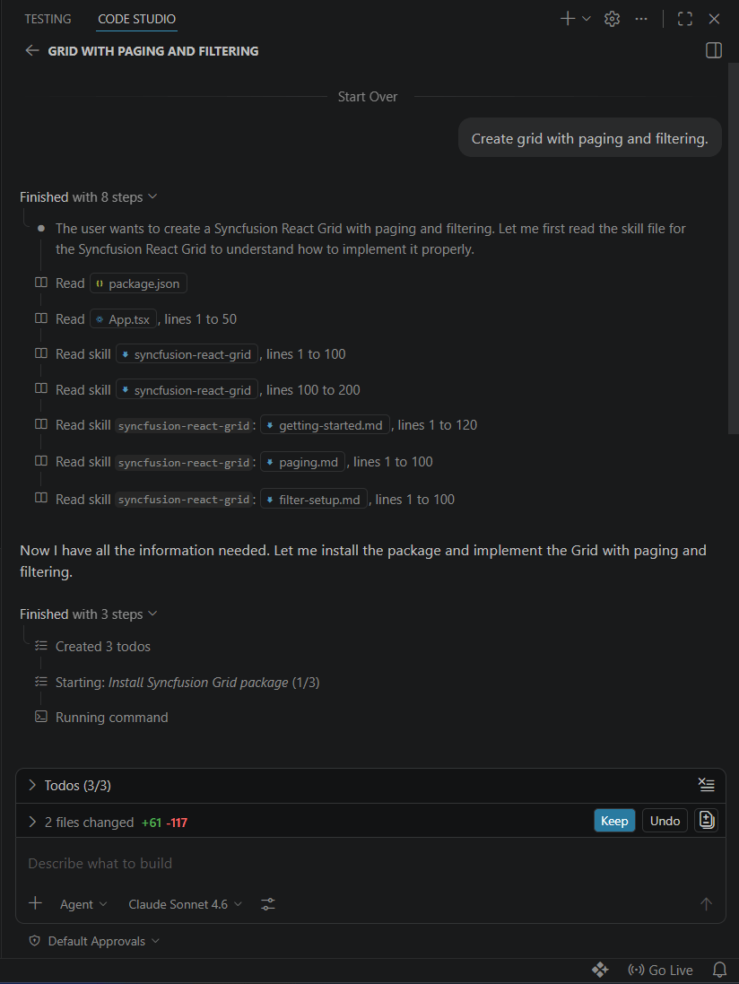 Creating a Syncfusion React DataGrid using Agent Skills