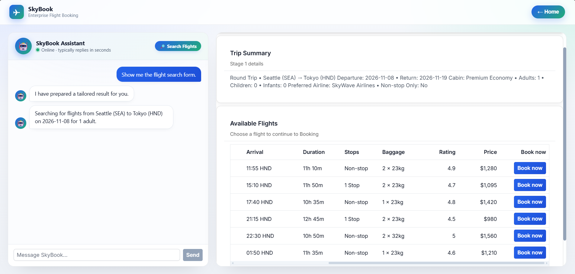AI-generated flight results rendered in the SkyBook application