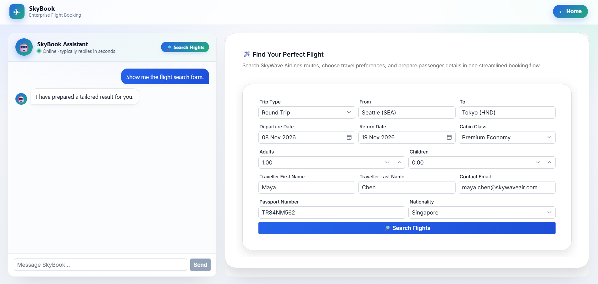 AI-generated flight search form in the SkyBook application