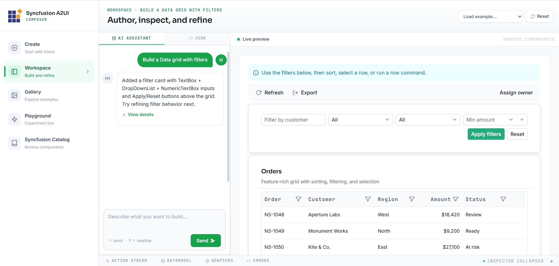 Building and refining an interface in the A2UI Composer Workspace