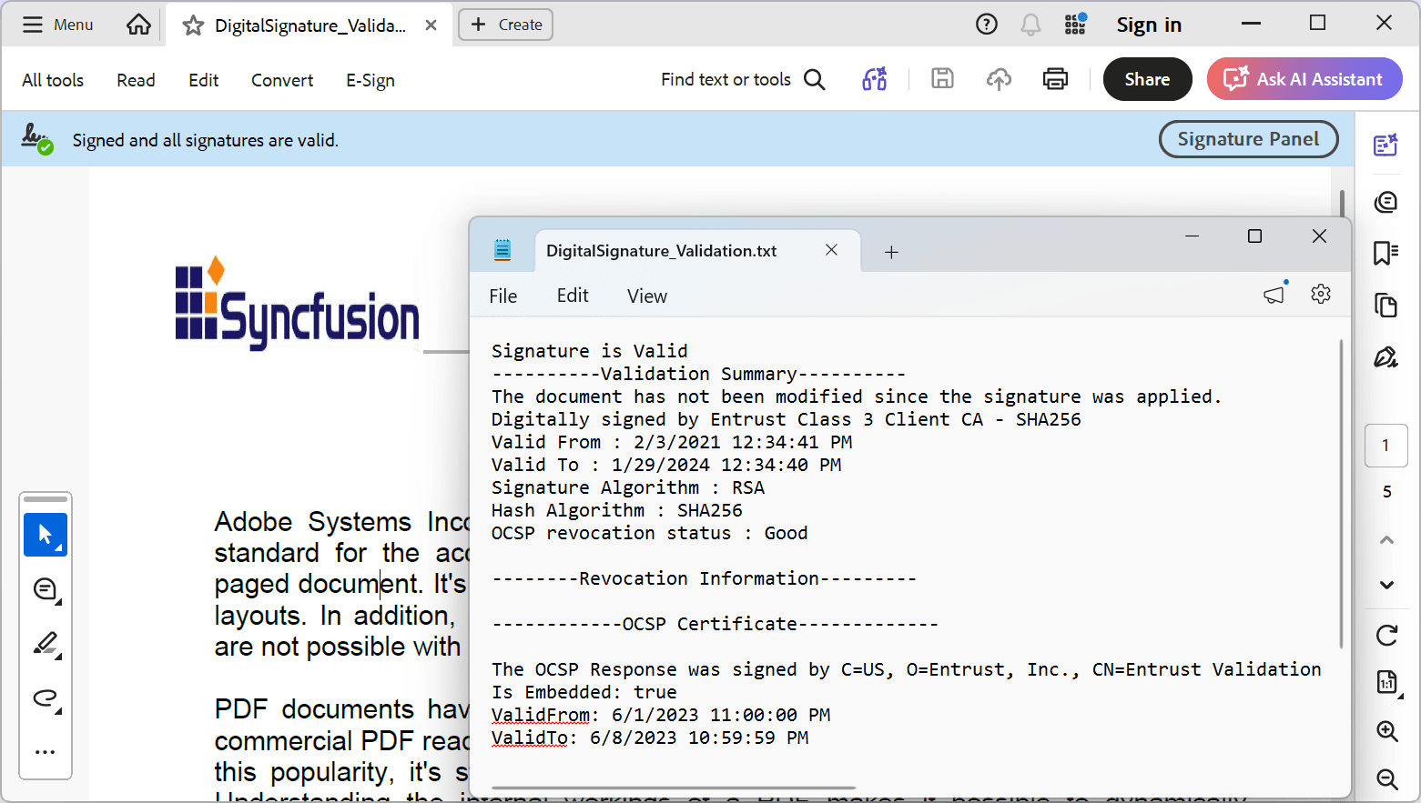 Digital signature validation in JavaScript PDF Library