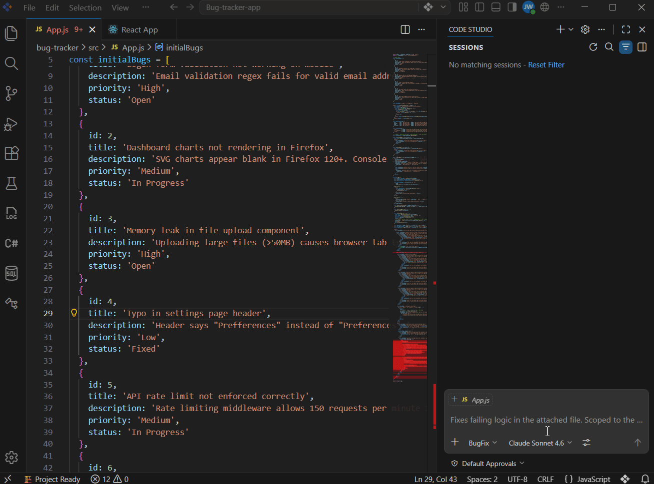 Using a custom agent for scoped bug fixes in Code Studio