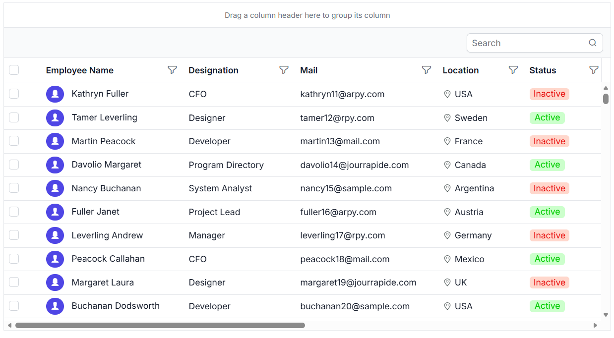 Syncfusion React Data Grid used during performance benchmark testing with a large dataset