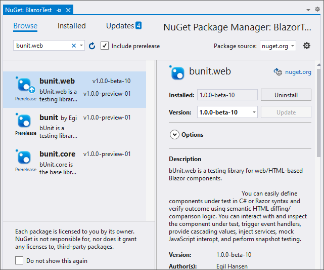 Nuget Manager Window