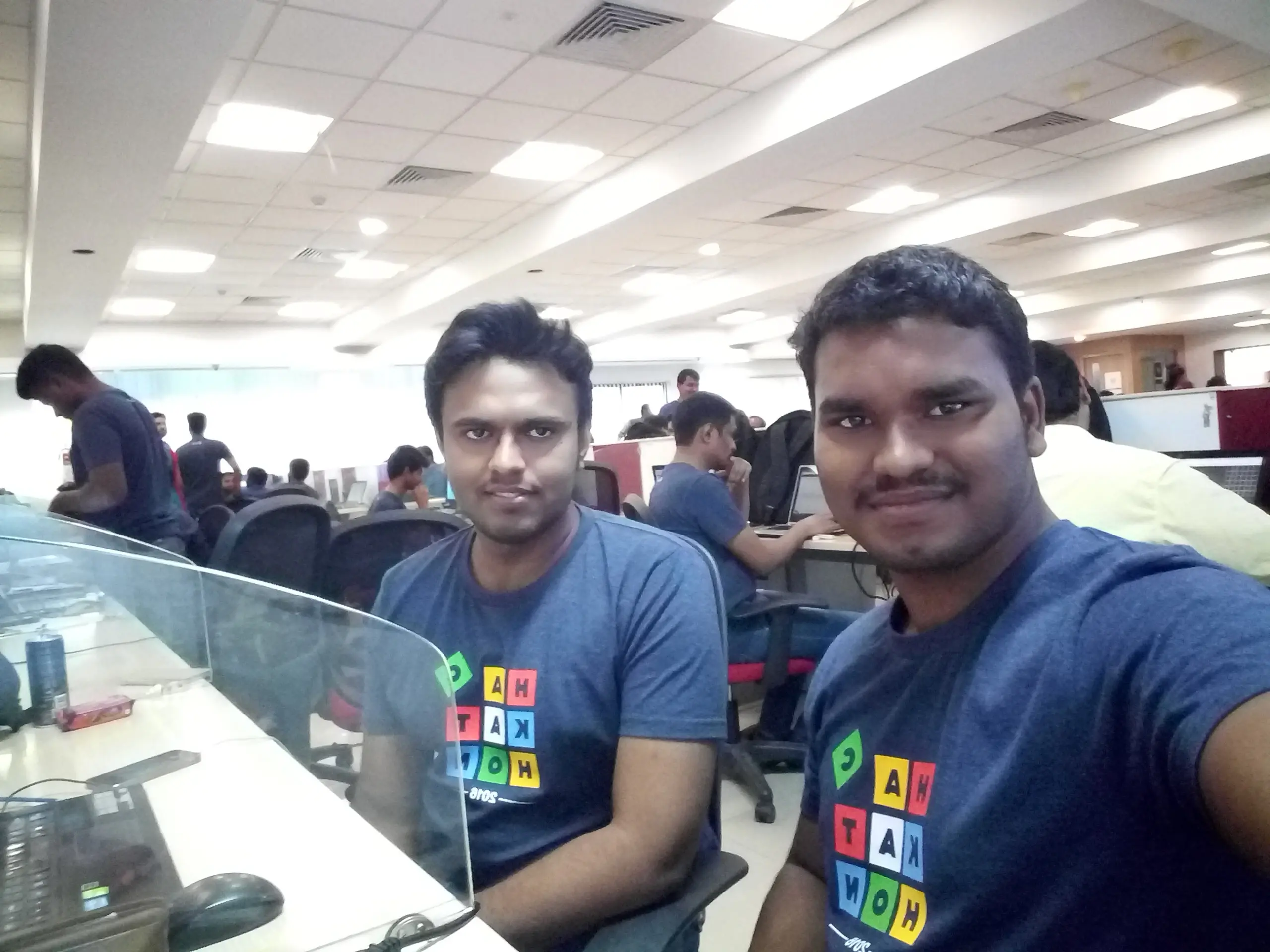 Bhuvanesh valarman taking selfie with his friend in the office bay