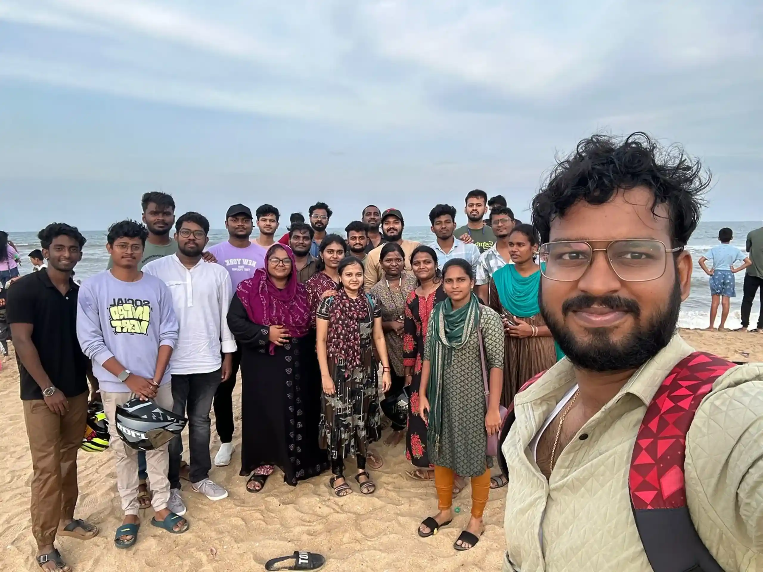 Piruthuviraj with his team members in the beach