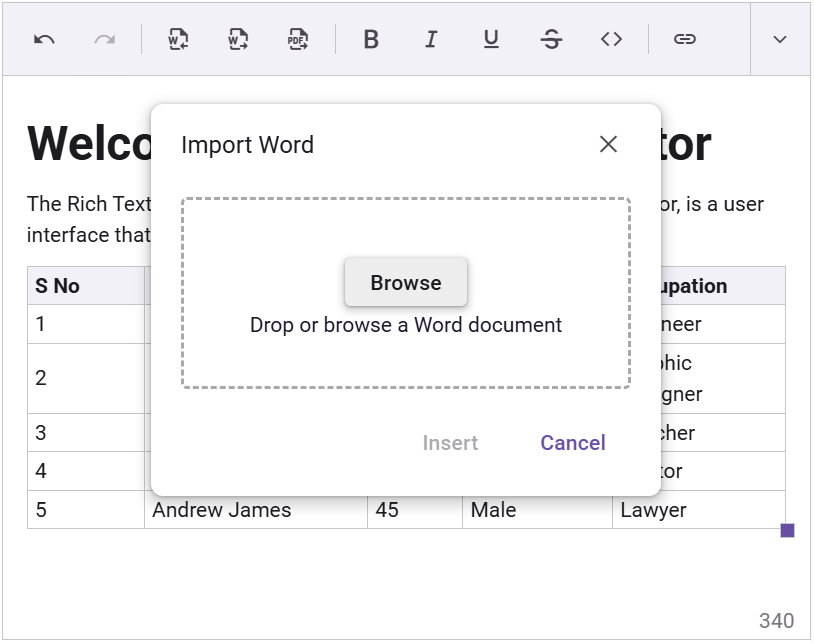 Blazor Rich Text Editor quick insert for table rows and columns