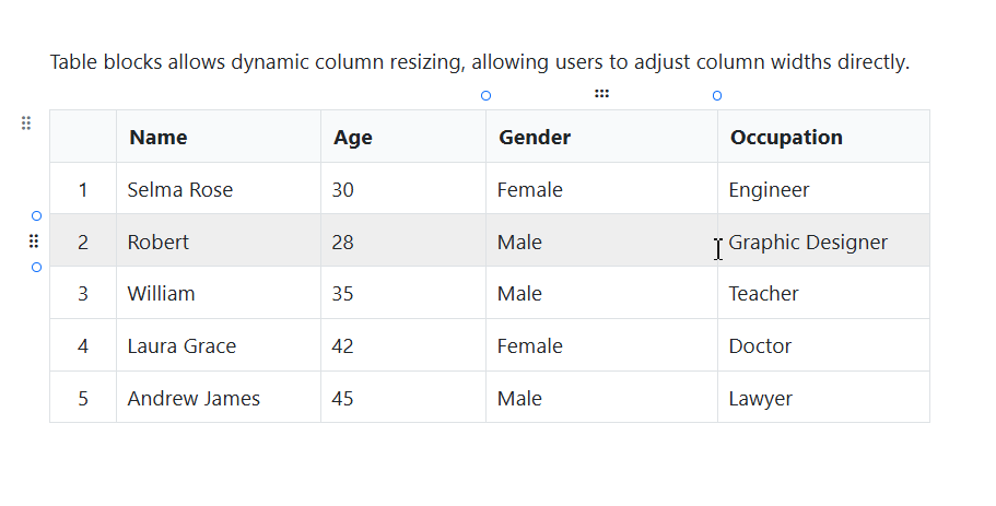 JavaScript Block Editor table column resizing