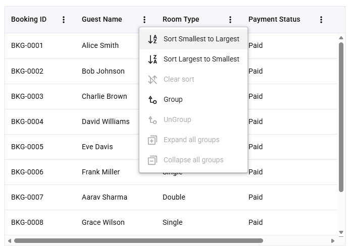 React DataGrid column menu